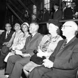 Honoured guests at the launch of Bluenose II on July 24, 1963 (l-r): Captain Angus Walters, W.J. Roué, Mrs. Pullen & Rear Admiral Hugh Pullen, and Mrs. MacKeen and Lieutenant Governor Henry Poole MacKeen (copyright Knickes Studio)
